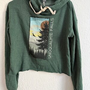 Forest Green Cowl Neck Hoodie with Scenic Graphic